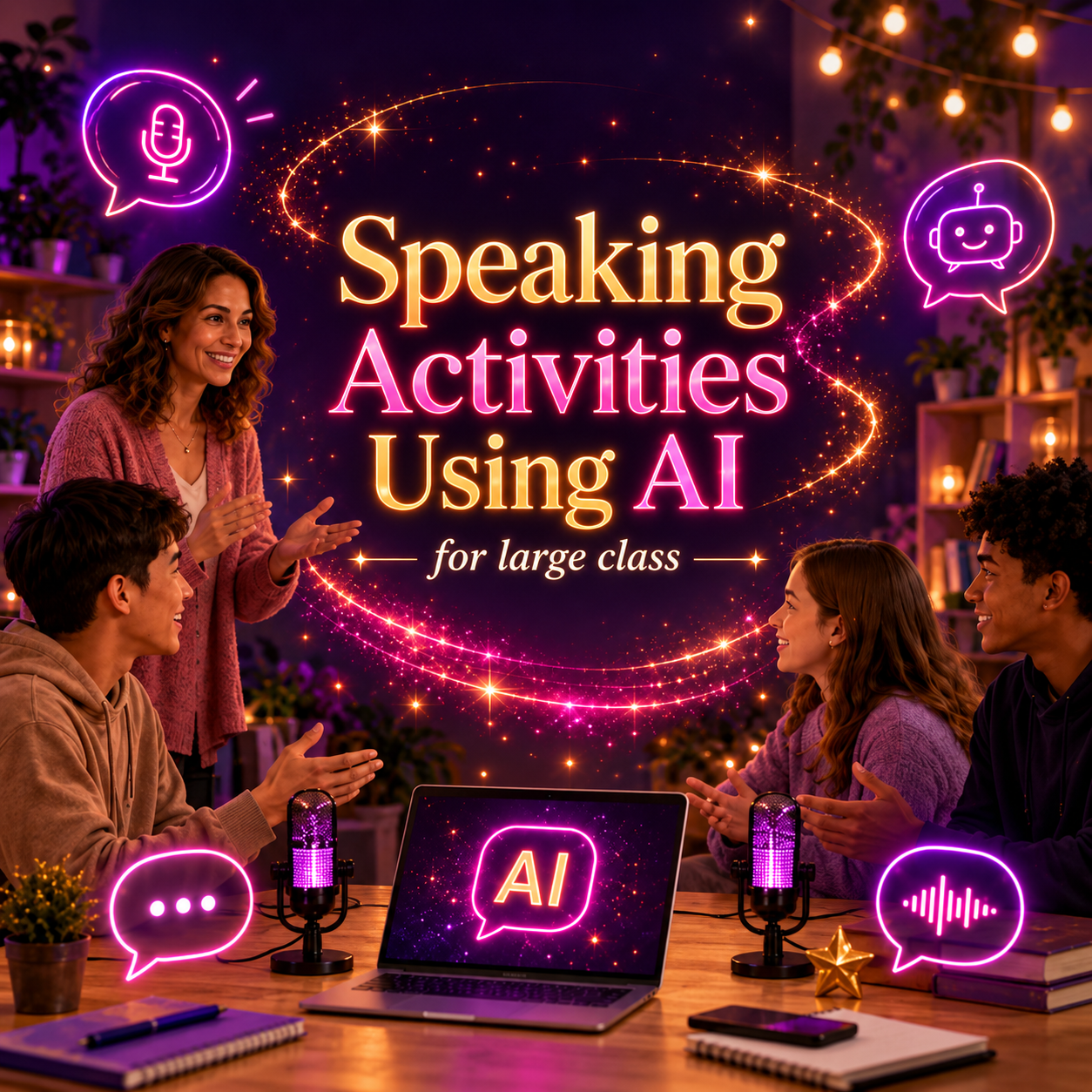 Speaking Activities Using AI for large class — מורה ותלמידים מדברים אנגלית סביב שולחן עם מחשב נייד ומיקרופונים
